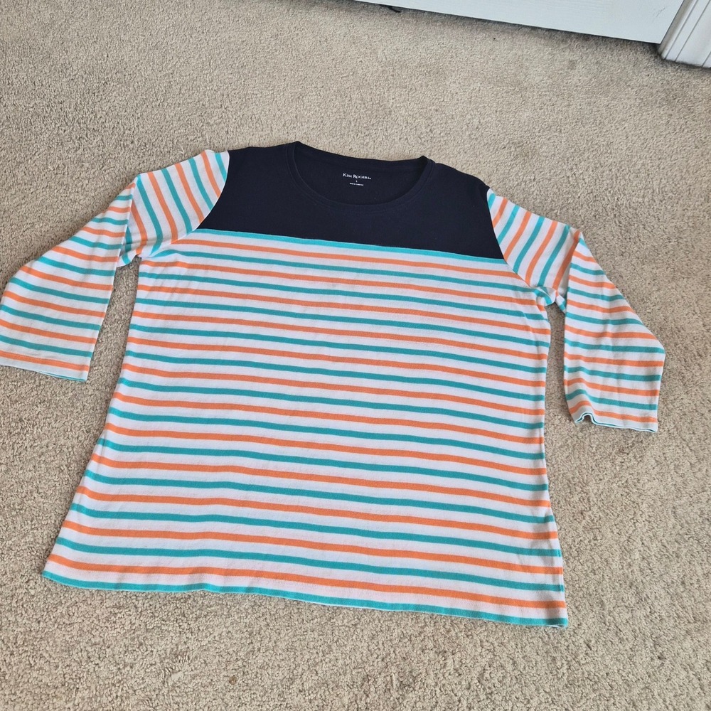 Kim Rogers Nautical Striped Top Womens Large Navy Cottagecore Loungewear Cotton
